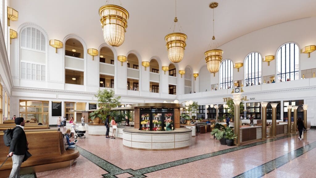 Inside Denver Union Station with a view of The Crawford Hotel guest rooms.