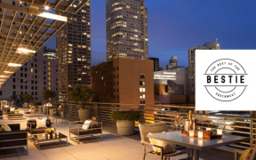 Four Seasons Hotel San Francisco patio overlooking Market Street buildings.