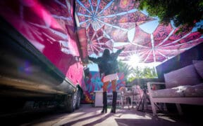 Several flower-petal shaped fixtures hang above The Pemberton outdoor venue.