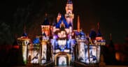 “Wondrous Journeys,” nighttime event shows an image of Mickey Mouse projected onto the Sleeping Beauty Castle at Disneyland.
