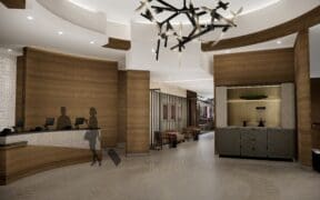 A photo rendering showing the new lobby sitting area and check-in desk at The Grand Hyatt DFW.