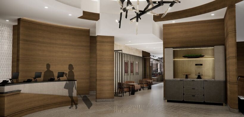A photo rendering showing the new lobby sitting area and check-in desk at The Grand Hyatt DFW.