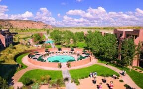 Aerial view of the Hyatt Regency Tamaya property and pool.