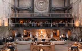 The Monroe Street Abbey in Phoenix with a firepit feature and several tables set for a Steve Short Culinary event.