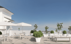 Artist rendering of Bay Shores Peninsula Hotel at Newport Beach with rooftop seating and umbrellas.
