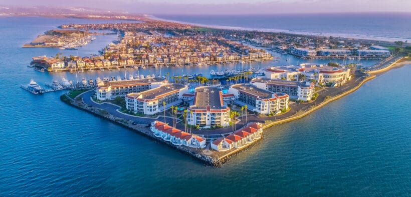 Aerial view of Loews Coronado Bay Resort surrounded by Coronado Bay.