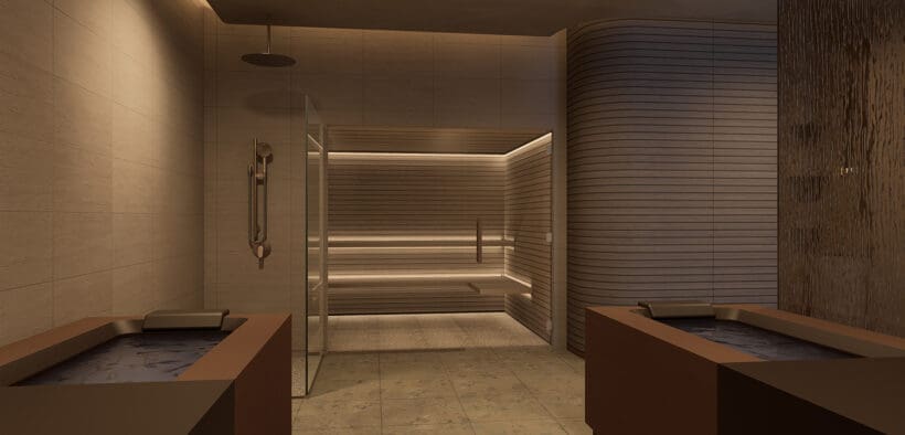 Two cold plunge pools at bluSONIL, with a sauna in-between.