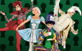 The Queen of Hearts, Alice, Mad Hatter and White Rabbit in ballet poses for Arizona Ballet's "Alice (in Wonderland).