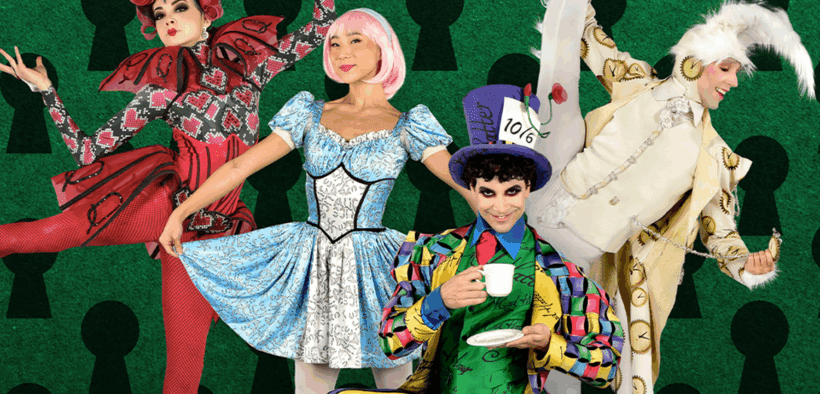 The Queen of Hearts, Alice, Mad Hatter and White Rabbit in ballet poses for Arizona Ballet's "Alice (in Wonderland).