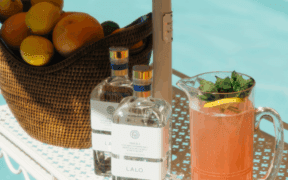 A basket of oranges sits next to two bottles of LALO and a pitcher of grapefruit juice for Club Soleil pop up at the The Global Ambassador.