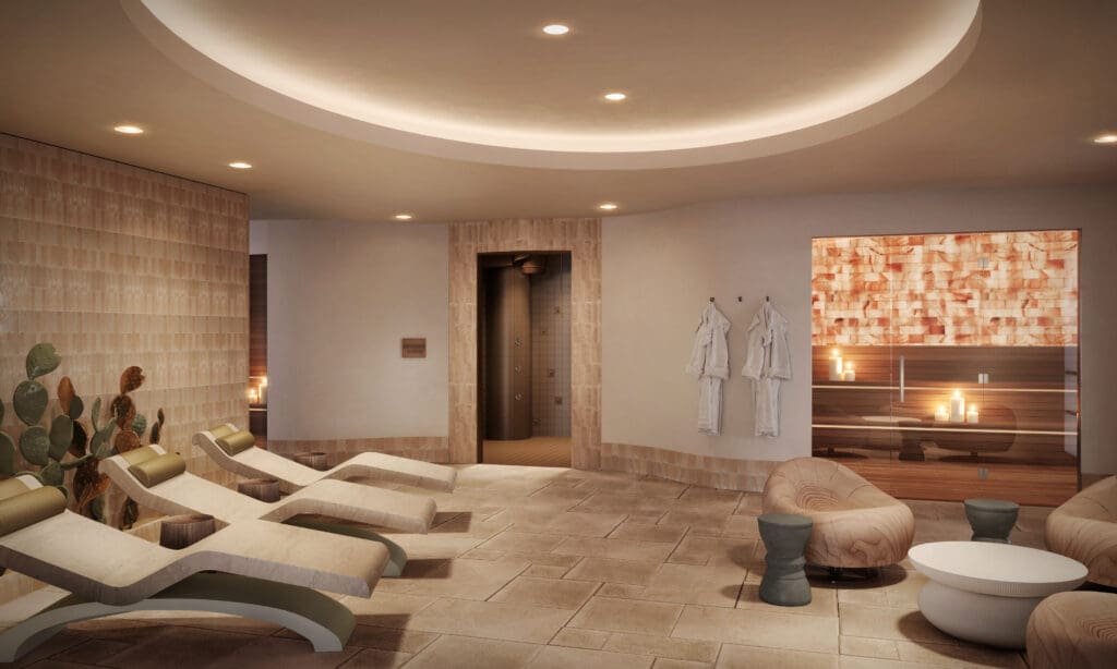 Several spa loungers line the wall of The Spa at Camelback Inn at the relaxation room of JW Marriott Scottsdale Camelback Inn Resort & Spa.