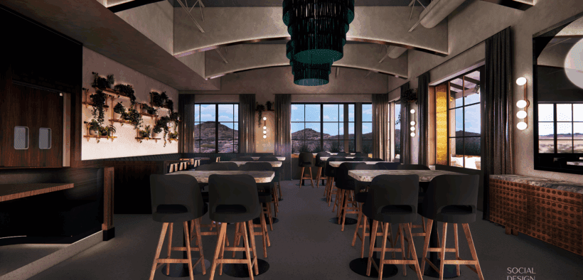 Intimate dining tables with modern chairs and dynamic overhead light installations fill Sparrow restaurant.