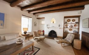 The spa fireplace and relaxation room at the Hacienda Spa at Los Poblanos.