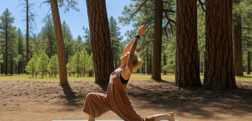 A woman does a yoga pose on a yoga mat on the Barefoot Trail in Flagstaff.