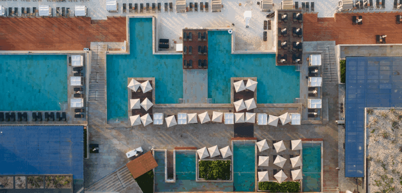An aerial view of Devossion by Live Aqua beachfront adults-only hotel in Playa del Carmen.