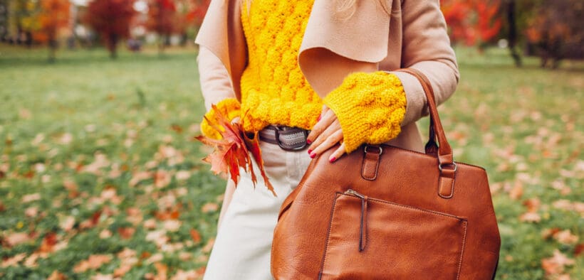 Close up of a stylish woman holding a fall bag wearing a sweater in autumn park.