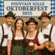A family wearing traditional German garments pose together in a photo booth for the Fountain Hills Oktoberfest 2025