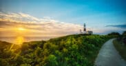 The Montauk Lighthouse Point at sunset in Montauk, New York.