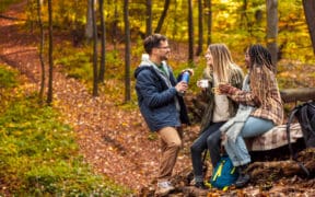 Three friends resting after hiking in forest, sitting on a collapsed trunk and drinking tea.