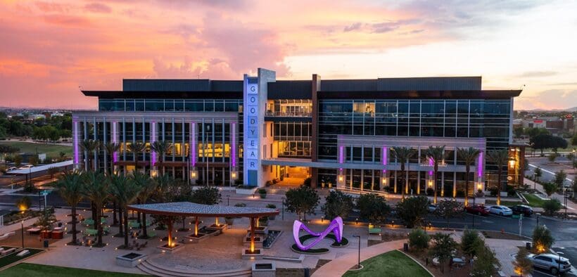 An evening view of GSQ shopping area and City Hall in Goodyear.