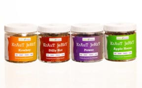 Four types of Garden Goddess Ferments fermented products lined up next to one another.