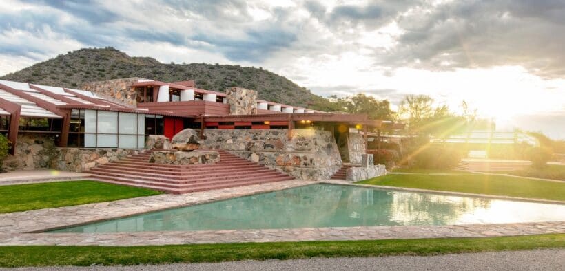 A sunrise view of Frank Lloyd Wright's Taliesin West Arizona winter home and pool.