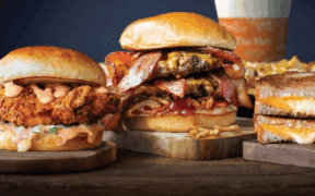 A chicken melt, bacon cheeseburger melt, grilled chees and to-go drink from The Melt at Novus Innovation Corridor.