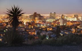 An El Paso skyline, cityscape with downtown buildings and lights.
