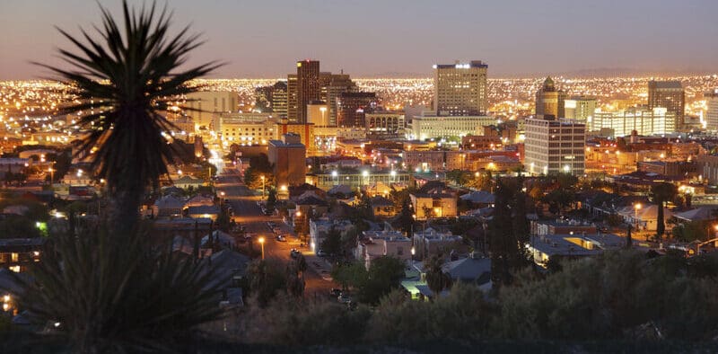 An El Paso skyline, cityscape with downtown buildings and lights.