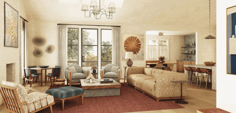 Living area of a Hideaway Round Top room with upscale couches, chairs, lighting and decor in Round Top Texas.