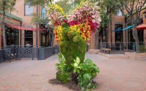A bush sculpture in the shape of a hand surrounded by flowers at Tempe Blooms in Tempe, Arizona.