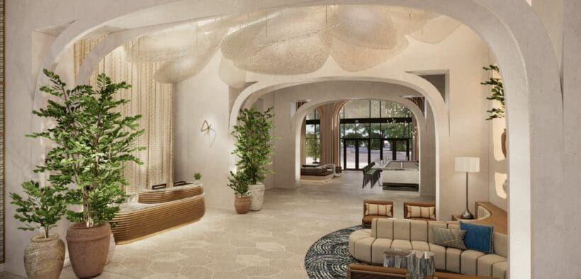 The lobby rendering of The Monarch San Antonio with modern seating, potted plants and decor.