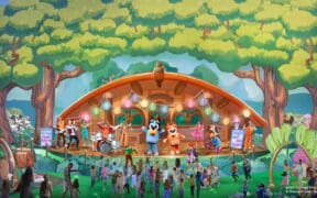 Artist rendering of “Bluey’s Best Day Ever!” with Bluey and friends on stage inside the Fantasyland Theatre in Disneyland park in Anaheim, Calif.