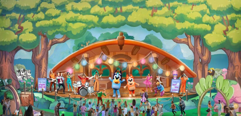 Artist rendering of “Bluey’s Best Day Ever!” with Bluey and friends on stage inside the Fantasyland Theatre in Disneyland park in Anaheim, Calif.