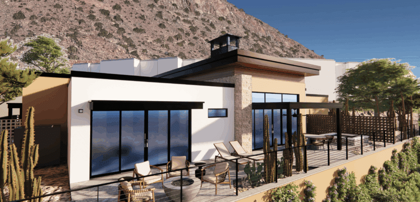 A photo rendering of the outside facade of The Canyon Suites at The Phoenician, a Luxury Collection Resort, with mountains in the background.