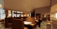 A photo rendering of Dear Emilia restaurant in Denver with booth seating and open kitchen concept.