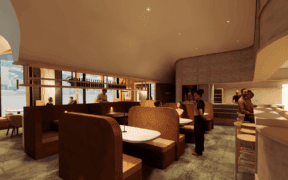 A photo rendering of Dear Emilia restaurant in Denver with booth seating and open kitchen concept.