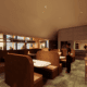 A photo rendering of Dear Emilia restaurant in Denver with booth seating and open kitchen concept.
