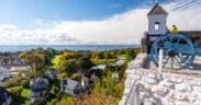 Fort Mackinac Island Fort overlooking the island's city and bay in the background.