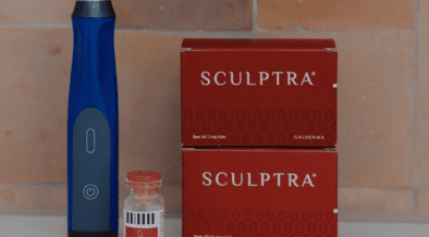 Biostimulator Sculptra product packaging and treatment device used for collagen stimulation.