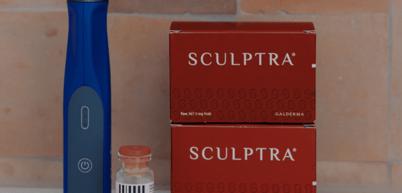 Biostimulator Sculptra product packaging and treatment device used for collagen stimulation.