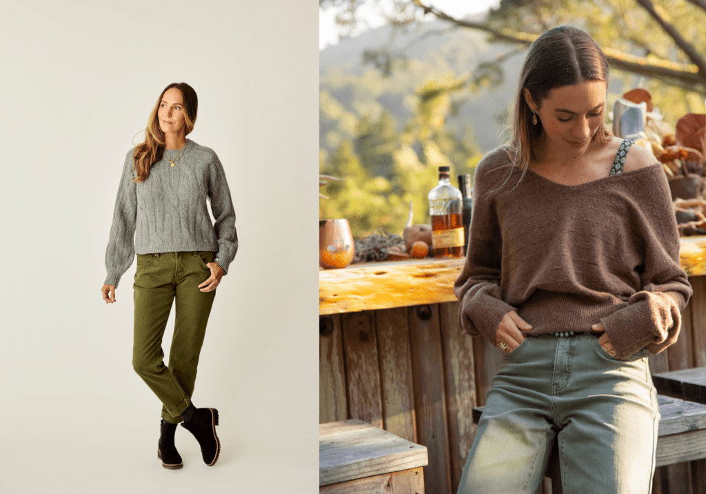 Carve Designs Eloise Wool Sweater and Ruth Reversible Fuzzy Sweater styled with casual denim and boots, showcasing soft textures and relaxed fit.