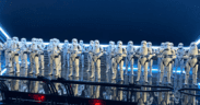 Lined up Storm Troopers at Star Wars: Galaxy's Edge "Rise of the Resistance" attraction.