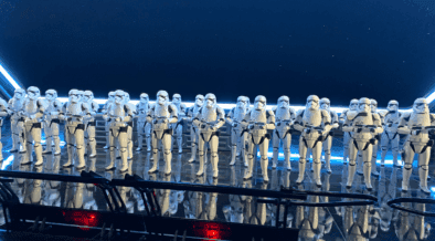 Lined up Storm Troopers at Star Wars: Galaxy's Edge "Rise of the Resistance" attraction.