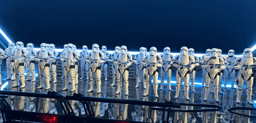 Lined up Storm Troopers at Star Wars: Galaxy's Edge "Rise of the Resistance" attraction.