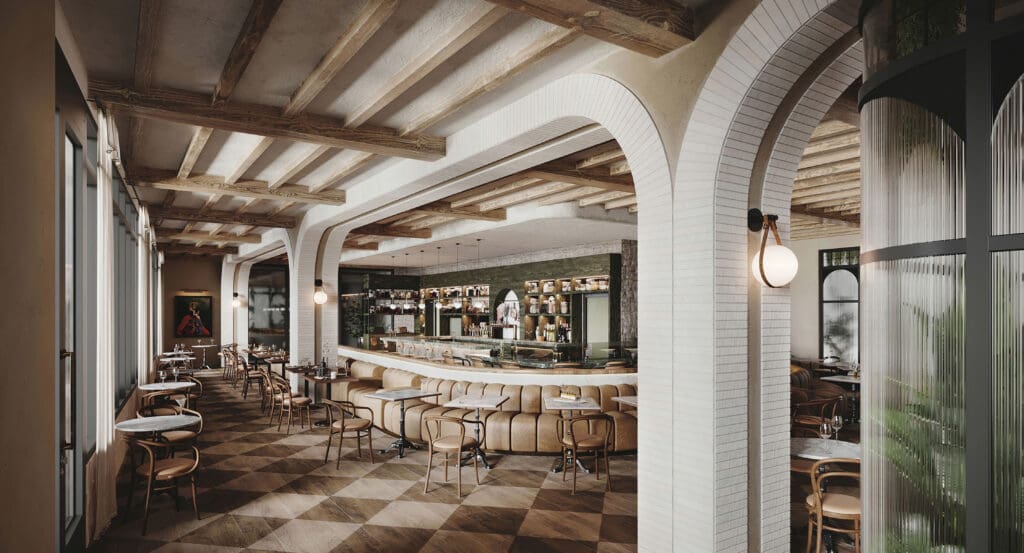 Elegant dining room at Adelaide Urban Brasserie inside Le Méridien Salt Lake City Downtown, featuring arched ceilings and intimate seating.