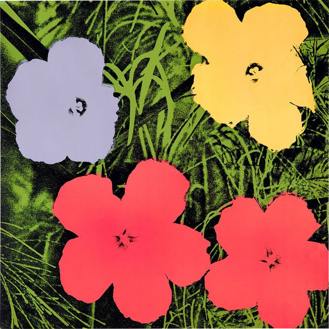 Andy Warhol artwork titled “Flowers” featuring bold, brightly colored floral forms against a dark background, exhibited at Scottsdale Art Week 2026 in Scottsdale.