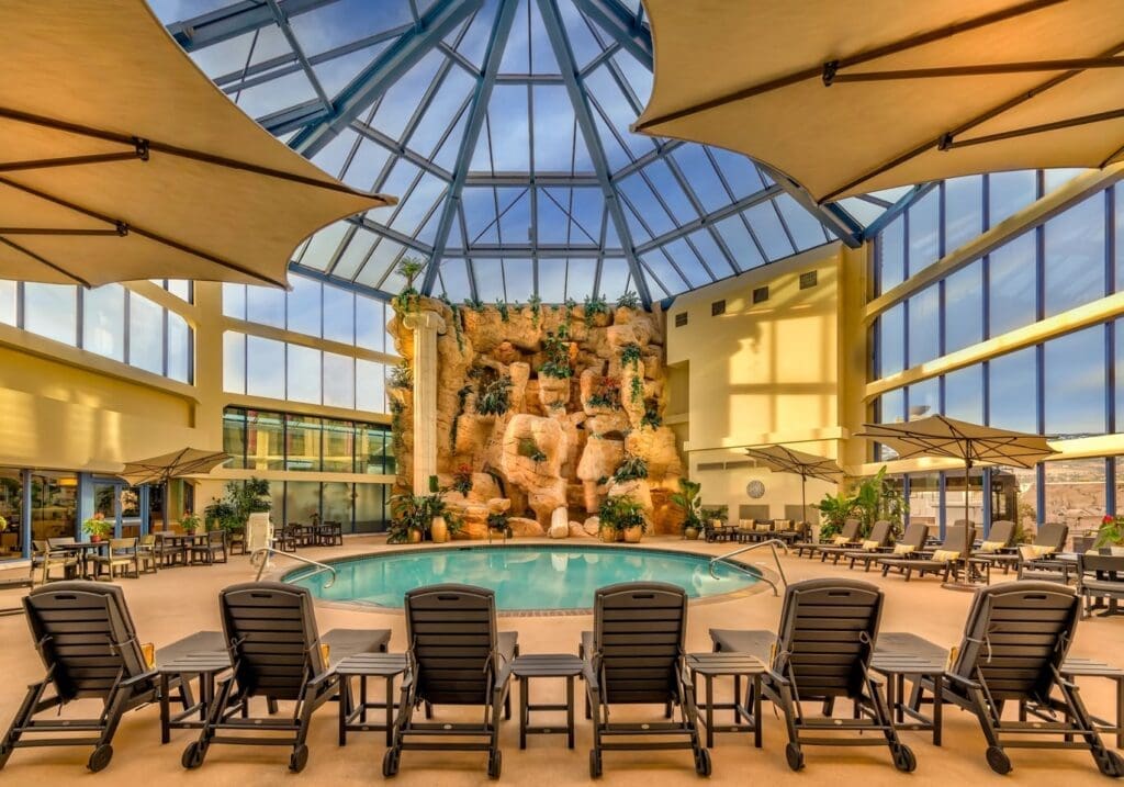 The indoor pool and spa area at Atlantis Casino Resort Spa in Reno, Nevada, offering a relaxing Valentine’s Day escape for couples.