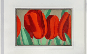 Alex Katz painting “Red Tulips” (1967) featuring vivid red tulip blooms with green leaves in a minimalist composition, exhibited at Scottsdale Art Week 2026 in Scottsdale, Arizona.