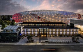 Exterior view of The Anthem Hotel in Inglewood, California, located near Intuit Dome and SoFi Stadium in the Los Angeles Stadium District.